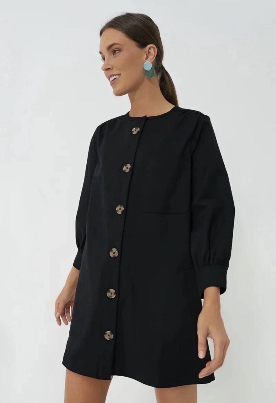 $228 Tuckernuck Black Button Front Blake Dress Size XXS Puff Sleeve Retail EUC